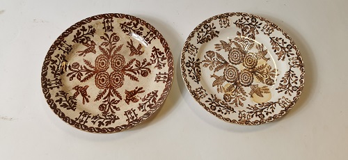 Brown and white spongeware plates