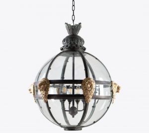 Exceptional quality Bronze globe hall lantern decorated with brass lions masks in the Italian style