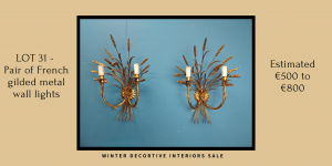 Rare pair of gilded metal wheat sheaf two branch wall lights